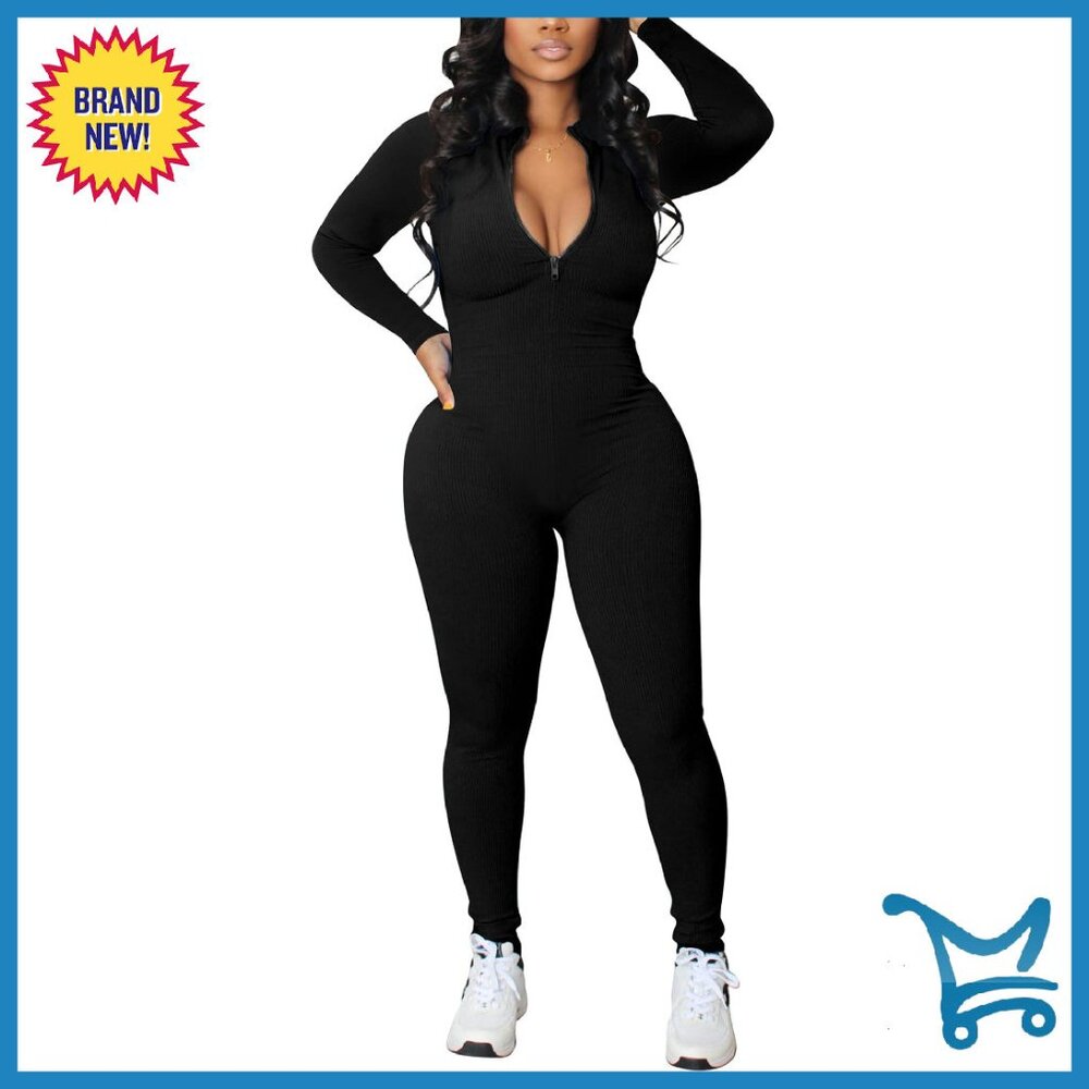 Seamless Ribbed Jumpsuit Long Sleeve Bodycon Zip V-Neck Slim Fit